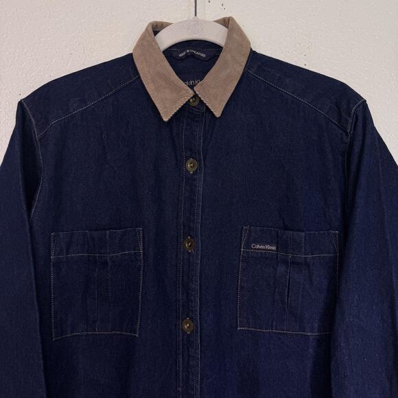 Vintage Calvin Klein Denim Dress Womens Medium Shirtdress Corduroy Chore Barn - Picture 4 of 13